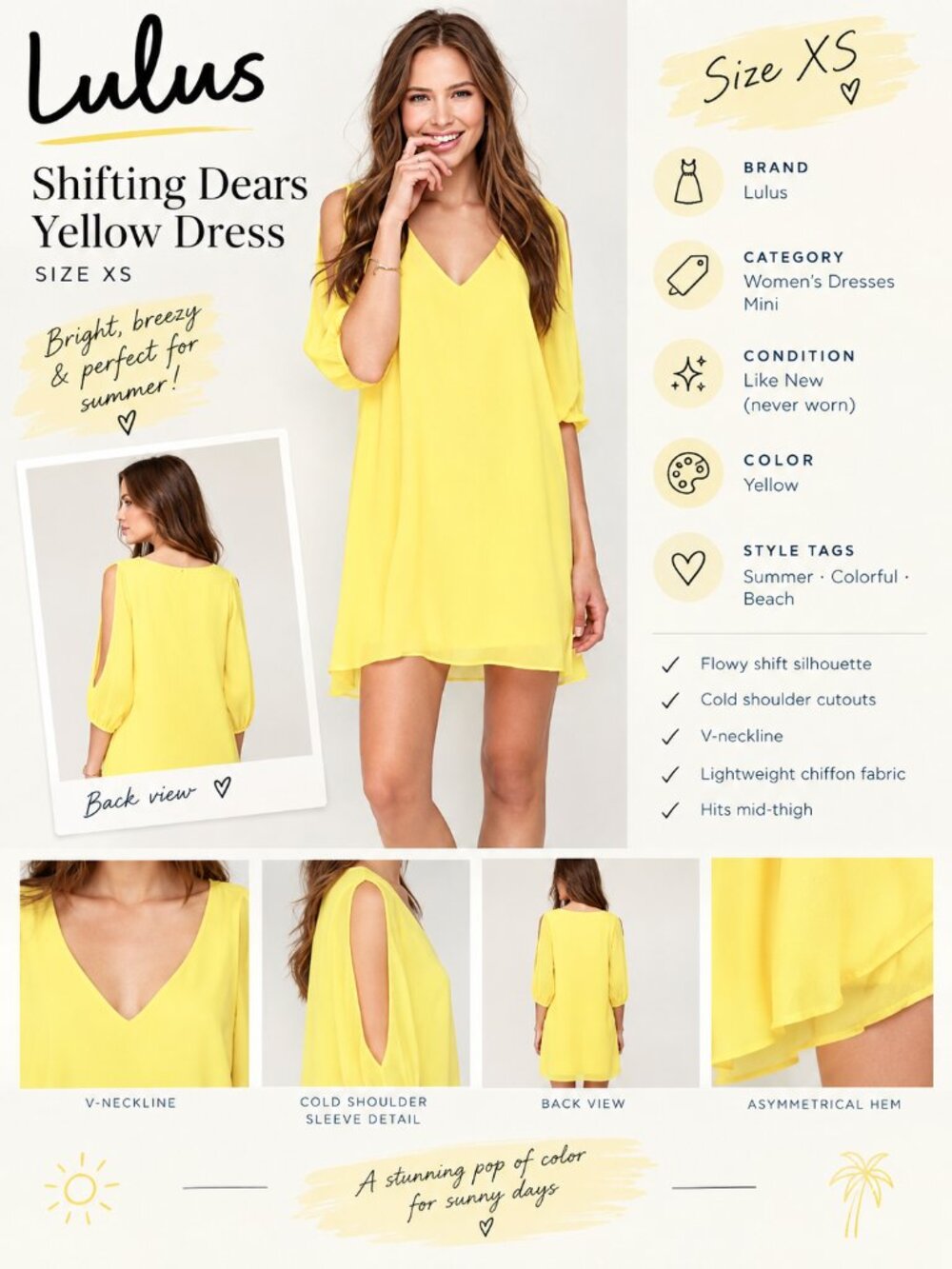 Shifting Dears Yellow Long Sleeve V neck Dress XS